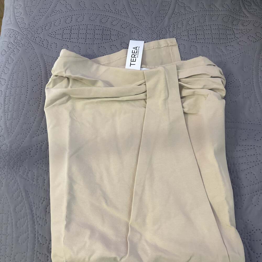 TEREA by Andrea Pitter Khaki Tan Draped Pencil Midi Skirt, Size M